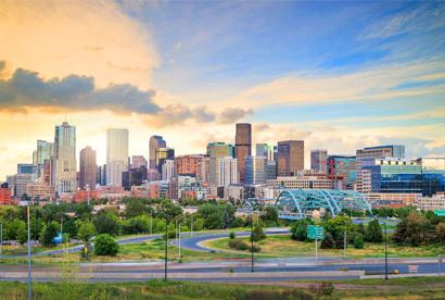 Denver skyline with road in foreground